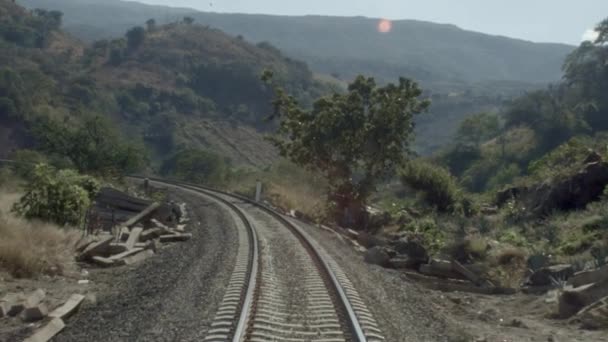 Point View Train Moving Railroad Tracks Alongside Country Crossing Tunnel — Stockvideo