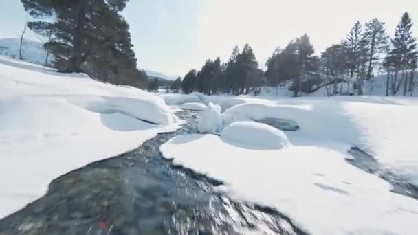 純白の雪に覆われたノルウェーの風景の中に冷たい氷の冬の川 Fpv空撮 — ストック動画
