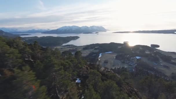 Majestic Nordic Landscape Snowy Peaks Shining Lake Water Aerial Fpv — Vídeo de Stock