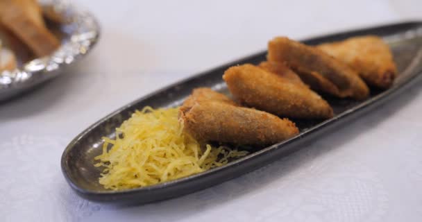 Unique Shape Spanish Croquetas Served Grated Cheese Side Close Slide — Vídeo de Stock