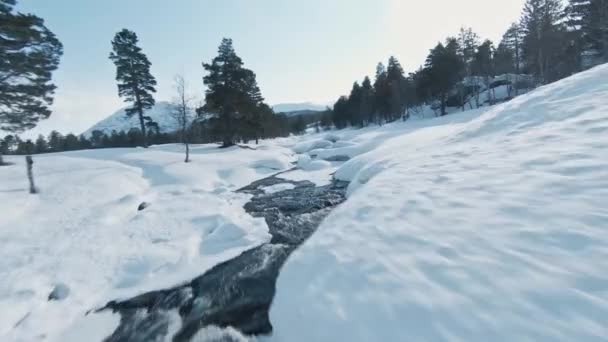 Norveç Karlı Manzarasında Görkemli Soğuk Kış Nehri Fpv Hava Manzarası — Stok video