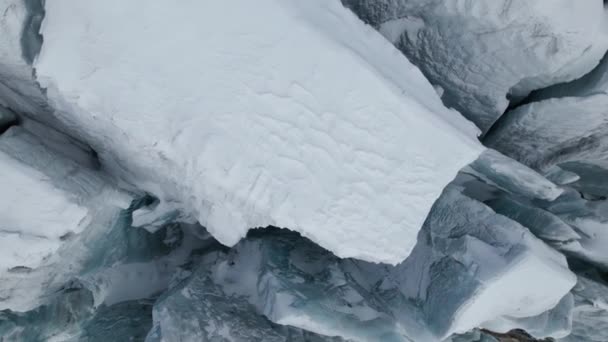 Aerial Close View Crevasses Face Large Glacier Sunny Day Winter — Stockvideo
