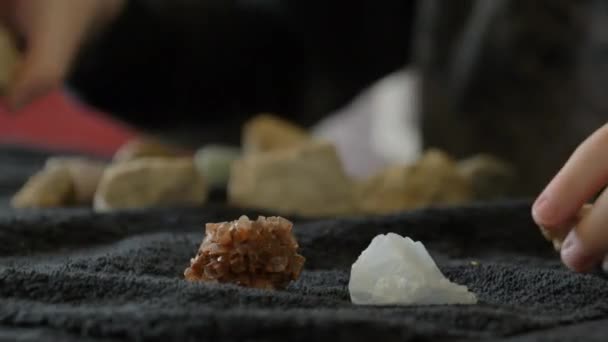 Young Boy Looking His Rock Collection Table Moves Red Quartz — Stock video