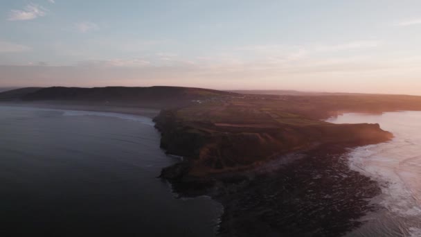 Aerial Dolly Rhossili Peninsula Hazy Sunrise Gower Drone — Stock Video