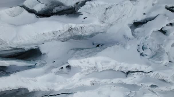 Aerial Close Top View Cracks Face Large Glacier Sunny Day — Video