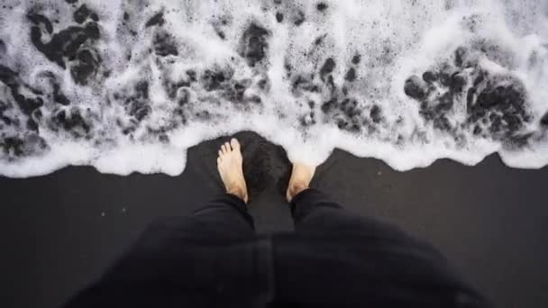 Sinking Feet Black Sand Tenerife Benijo Island Spain Waters Pov — ストック動画
