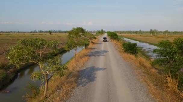 Truck Coming Road While Drone Moves Forward Revealing Beautiful Landscape — Stock Video