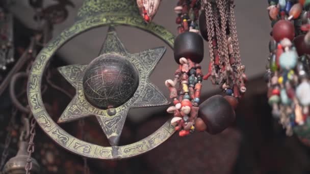 Antique Artifacts Beautiful Patterns Hanging Market Store Morocco Close View — Stockvideo