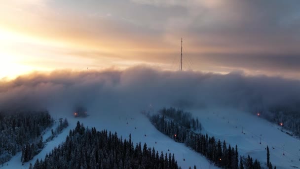 Aerial View Snow Cloud Moving Slopes Vuokatti Sunset Finland Reverse — Wideo stockowe