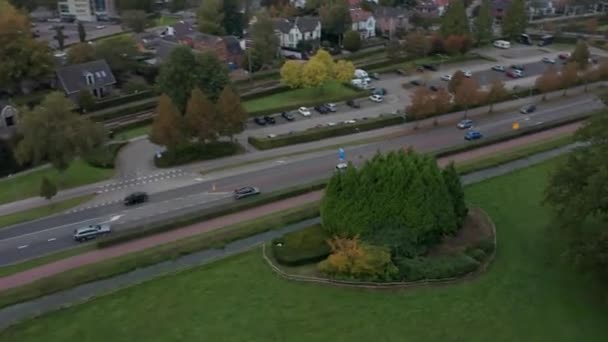 Fast Aerial Cars Driving Road Small Town — Stockvideo