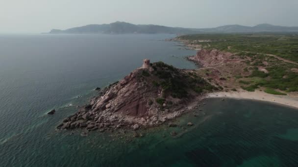 Aerial Orbiting View Drone Red Sand Sea Cliff Ancient Tower — Stockvideo
