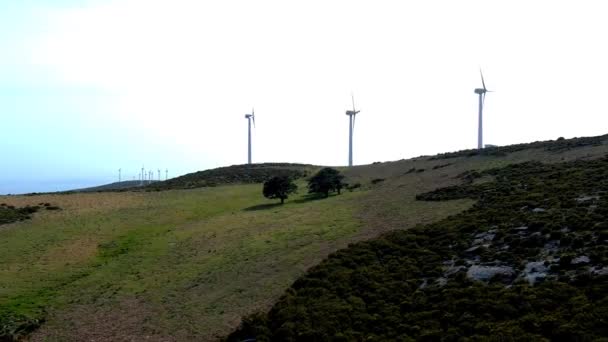 スペインのガリツィアの丘の中腹にある高速回転風力発電タービンの空中ビュー ドリー バック ライズ — ストック動画