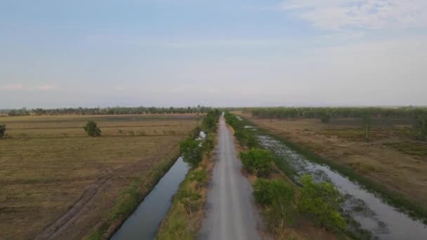 Aerial Ascending Footage Showing Farm Road Canals Both Sides Beautiful — Stockvideo