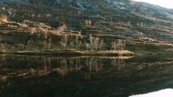 Hory Pokryté Mechem Lišejníkem Odrážely Zrcadlovém Povrchu Jezera Břehu Stojí — Stock video