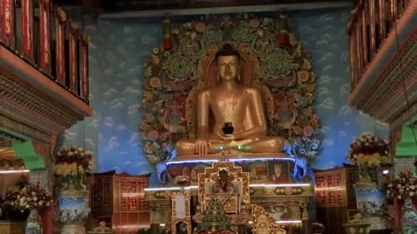 2020年2月11日在印度大乘寺 Tergar Monastery Bodh Gaya Bihar India 拍摄的平角视频拍摄的佛教寺院巨大的金色佛像 — 图库视频影像
