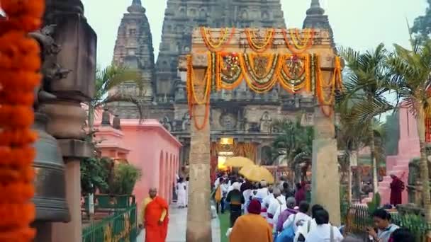 Hängiven Kön Med Antika Traditionella Buddisttempel För Morgonpryersvideo Tas Mahabodhi — Stockvideo