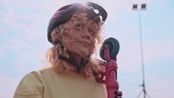 Slow Motion Teenage Girl Wearing Helmet Posing Scooter Shoulder Sighing — Vídeos de Stock