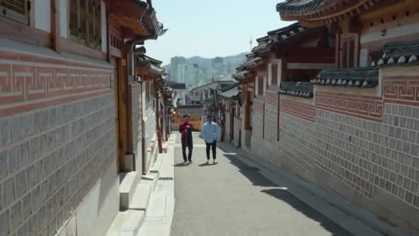 Two Travellers Respiratory Face Masks Travel Bukchon Hanok Village Seoul — ストック動画