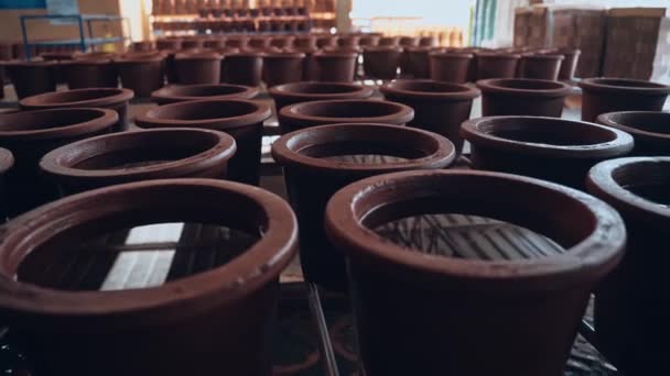 Clay Water Filter Pots Being Tested Storage Facility Handheld View — Stock Video