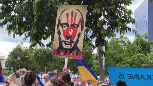 Manifestantes Pacíficos Reunieron Plaza Brisbane Australia Sosteniendo Cartel Que Indica — Vídeo de stock