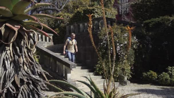 Backpackers Walking Downstair Outdoor Scenic Stairway Natural Green Botanic Garden — Stock video