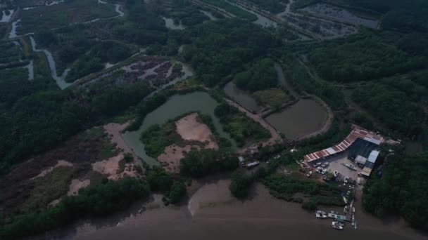 Drone Vliegen Wetlands Jachthaven Rivier Met Moderne Stad Achtergrond Een — Stockvideo