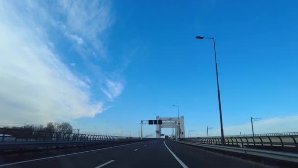 Pov Driving A15 Highway Approaching Passing Botlek Bridge Blue Skies — Stock Video