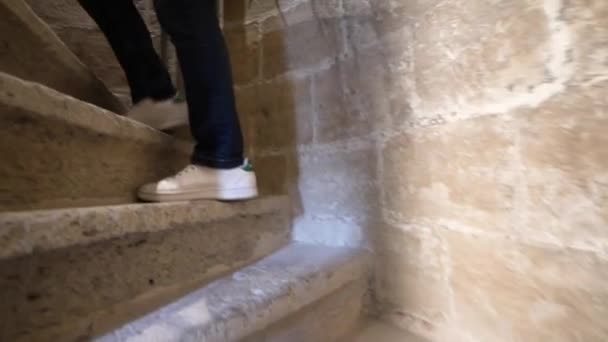 Male Person Climbing Spiral Stairway Adidas Stan Smith Shoes Pov — Vídeos de Stock