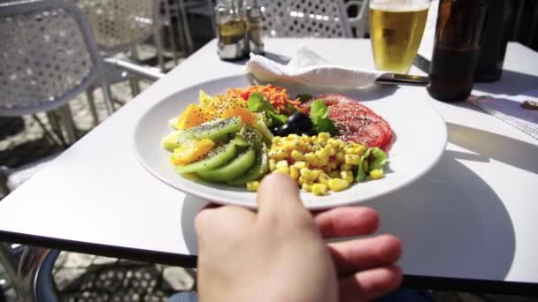 Healthy Vegan Salad Dish Meal Fruit Vegetable Served Outdoor White — Video