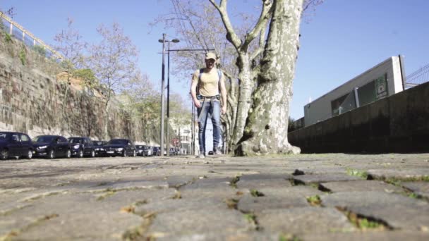 Porto City Portugal Slow Motion Young Tourist Walking Visiting Old — стокове відео