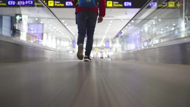 Giovane Viaggiatore Che Cammina Sulla Passerella Movimento Aeroporto Internazionale Raggiungendo — Video Stock