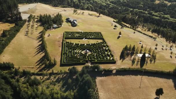 Aerial Orbit Laberinto Patagonia Hedge Maze Valley Surrounded Green Dense — Vídeo de stock