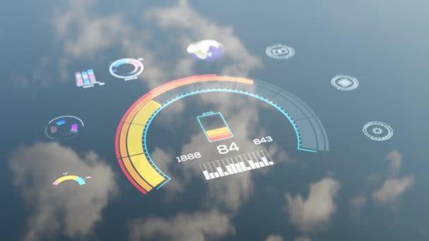 Renewable Energy Data Screen Different Animated Parameters Reflection Sky Clouds — Vídeo de stock