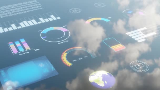 Infographic Data Screen Different Animated Parameters Reflection Sky Clouds Rendering — Vídeo de Stock