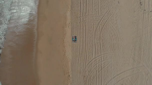 Man Beach Mexico Establishing Beverage Brand Shot Drone Slow Push — Videoclip de stoc