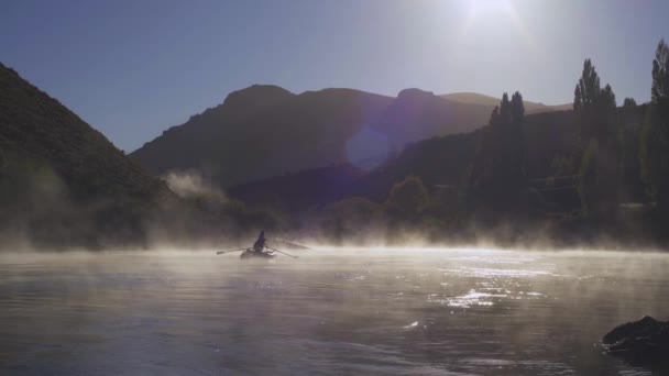 Landscape View Fisherman Boat Paddling Dense Fog Limay River Patagonia — стоковое видео
