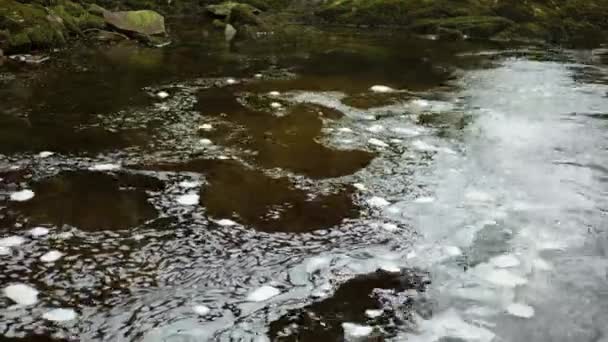 Time Lapse Swirling Bubbles White Foam Floating Surface Water Scottish — Stock Video