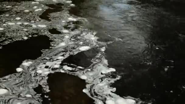 スコットランドの川の暗い水の表面に浮かんでいる白い泡の渦巻く泡の時間の経過は常に変化するパターンで より速い電流は水の静止部分を満たしています — ストック動画
