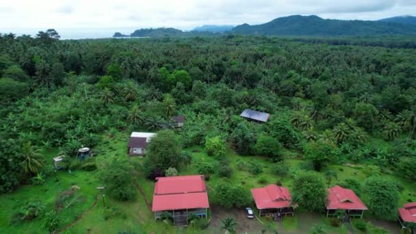 Aerial View Resort Inhame Beach Cloudy Sao Tome Africa Reverse — Stockvideo