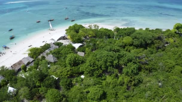 Fishing Village Anchored Boats Zanzibar Coast Drone Shot — Stock Video