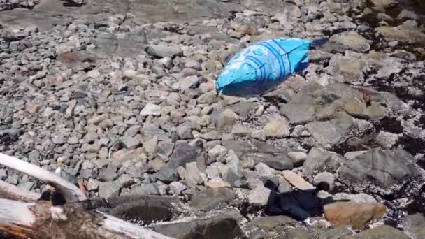 Ballon Auf Strandfelsen Gefangen Der Wind Weht — Stockvideo