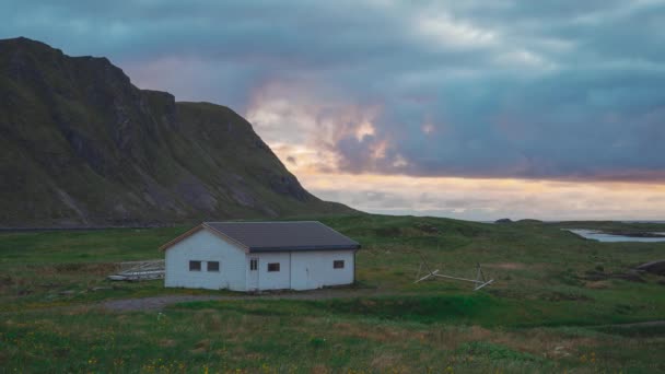 Small Rural Building Majestic Mountain Range Cloudscape Time Lapse — 비디오