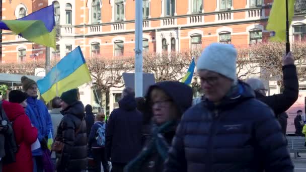 People Ukrainian Flags War Rally Stockholm Sweden — Video