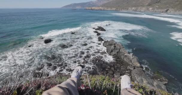 Pov Sitting Edge Cliff Looking Out Coast Ocean — Stock Video