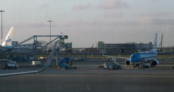 Amsterdam Airport Timelapse Repülőgépek Mozgó Tarmac Lassú Mozgás Piros Kamera — Stock videók