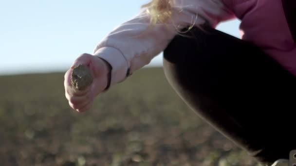 Child Hand Picks Chunk Hardened Dirt Field Crushes Dust His — Vídeos de Stock