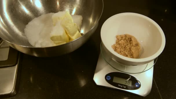 Weighing Brown Sugar Scale Next Bowl Butter Sugar — Wideo stockowe