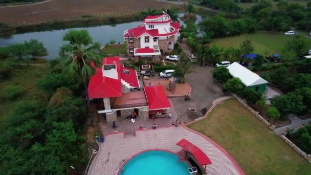 Crystal Clear Swimming Pool Aerial Drone Film Friends Gathering White — Stock video