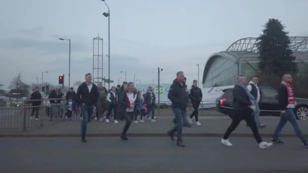 Close Football Fans Crossing Road — Stock video