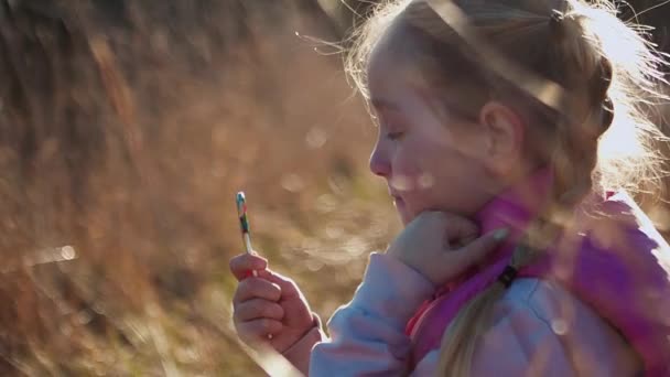 Mała Blondynka Siedzi Nasłonecznionej Łące Trzymając Lizaka Dłoni — Wideo stockowe
